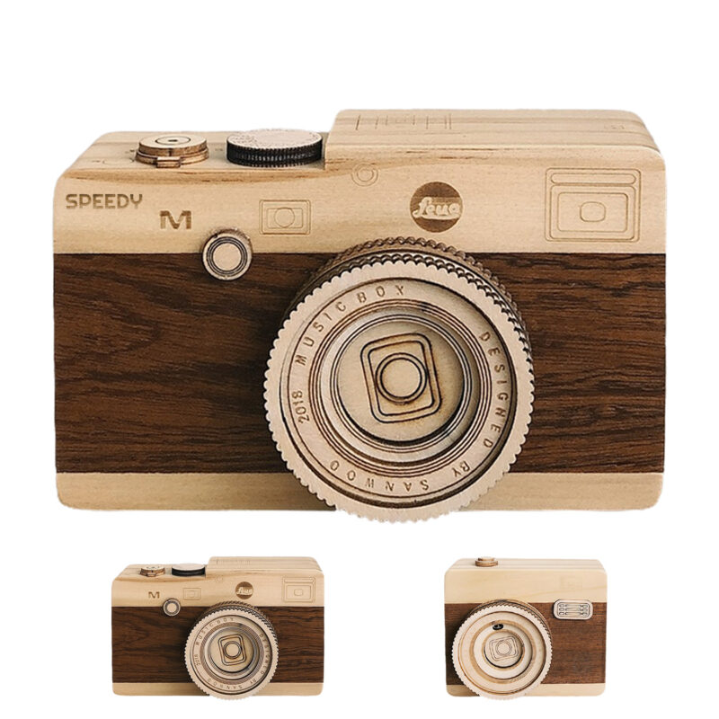 Retro Engraved Wooden Camera Musical Box