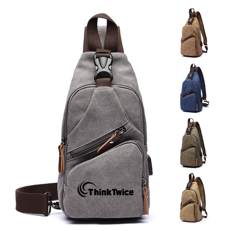 Canvas Sling Bag with USB Charging Port