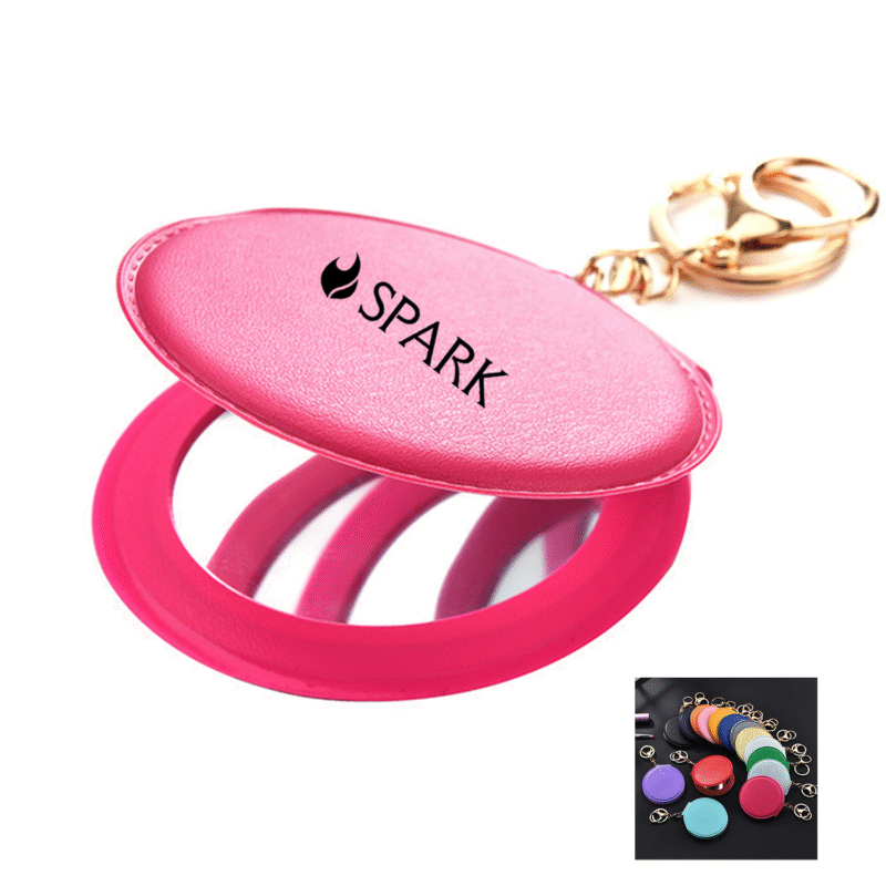 Portable Leather Folding Compact Mirror with Keychain
