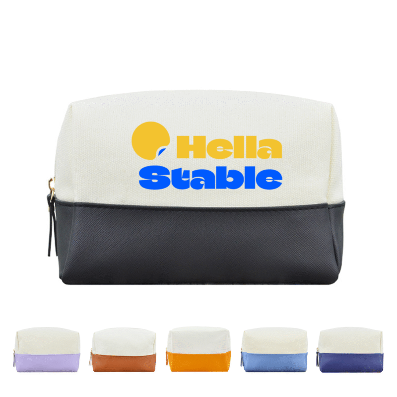 Color-Blocked Canvas and PU Leather Cosmetic Bag