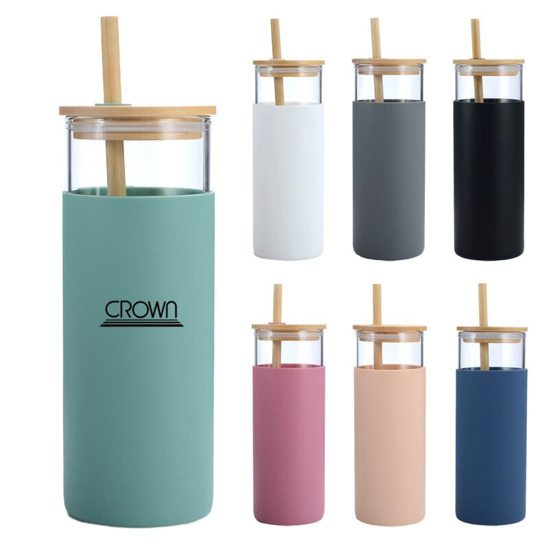 20oz Glass Tumbler with Silicone Sleeve Bamboo Lid & Straw